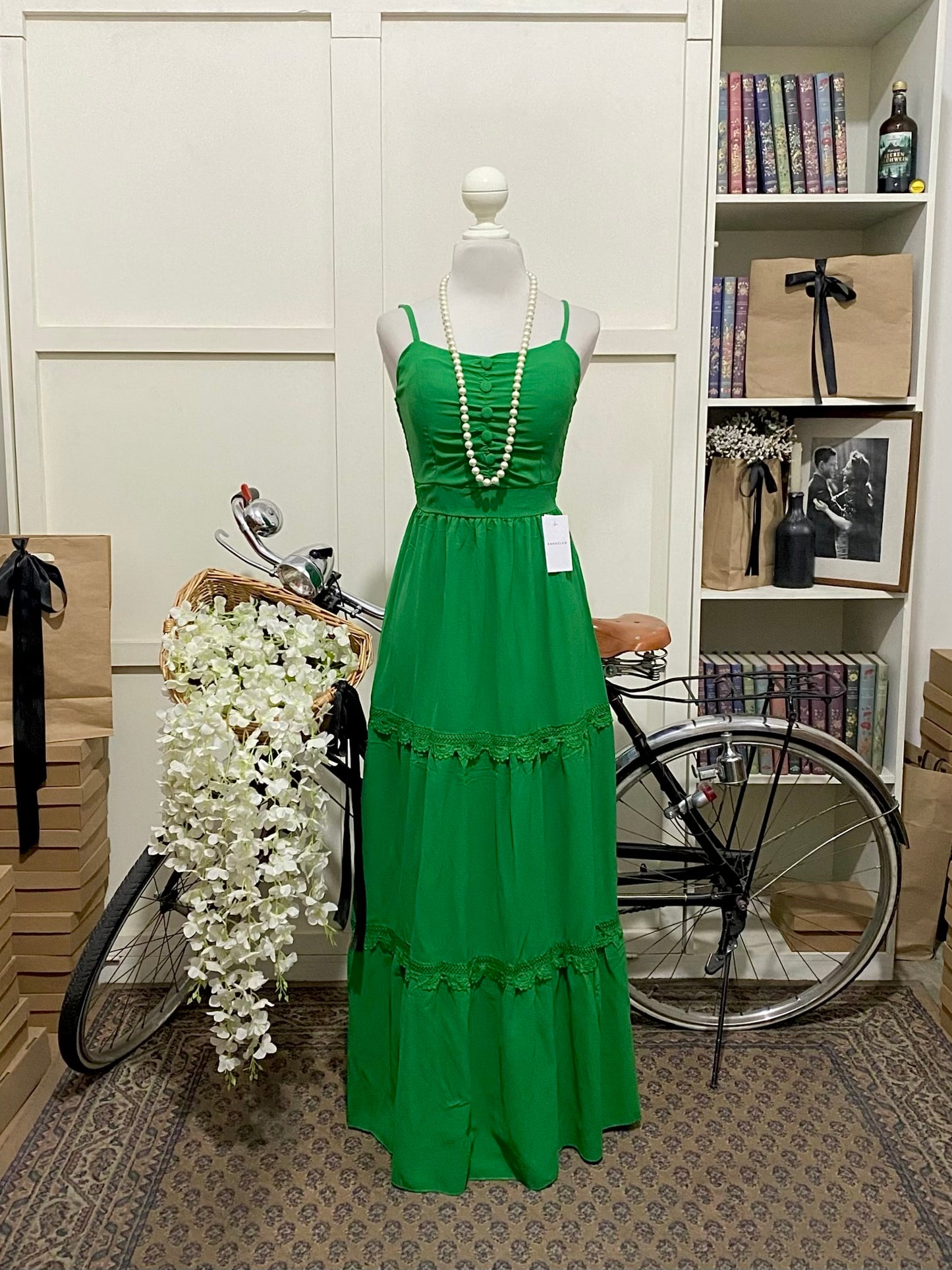 Vestido largo línea A verde tirantes