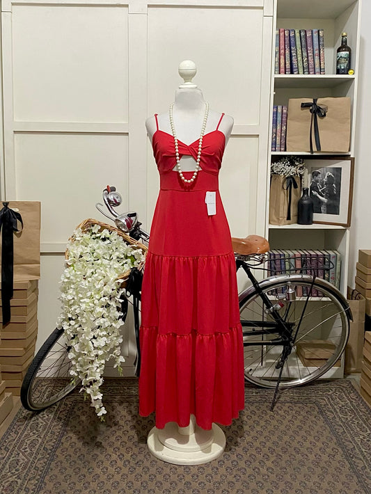 Vestido midi línea A rojo tirantes